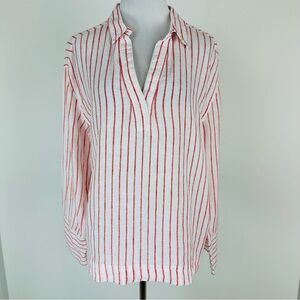 Martha Stewart Collection White Red Striped Collared Linen Pullover Top Large